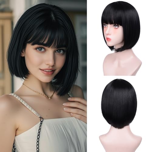 Black Bob Wigs for White Women - 12'' Short Bob Wigs With Bangs Natural Fashion Synthetic Wig Colorful Synthetic Hair for Daily Cosplay Halloween
