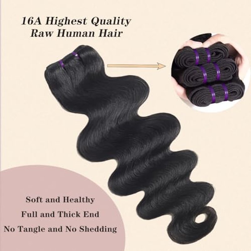16A Raw Body Wave Human Hair Bundles 14 16 18 Inch Brazilian Virgin 100% Unprocessed 3 Bundles Human Hair Hight Quality Hair for Black Women Natural Color