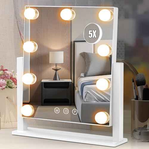 Vanity Mirror with Lights, Hollywood Lighted Makeup Mirror with 3 Color Lighting Modes and 9 Dimmable Bulbs, Detachable 5X Magnification, Smart Touch Control, 360¡ÆRotation, White