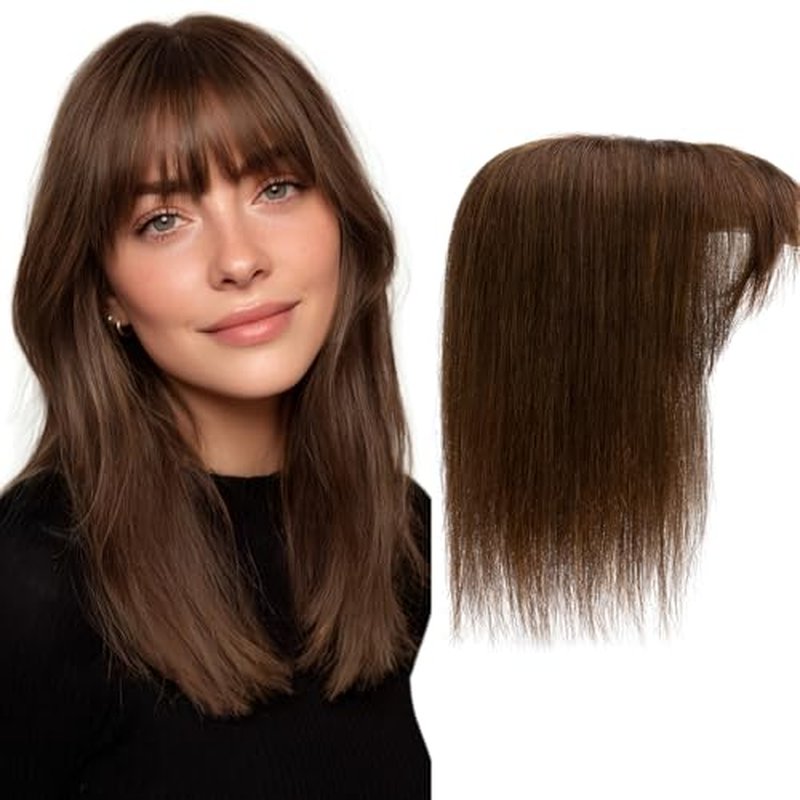 Hair Toppers for Women Real Human Hair 14 Inch Long Straight Toppers for Women with Thinning 7 * 13CM Silk Base Clip in Hairpieces with Bangs (Medium Brown)