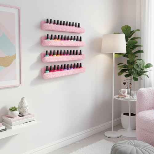 Care&More YJ 15 Inch Nail Polish Shelves, 4-Pack Fuzzy Display Nail Polish Rack for Storing Nail Bottles, Sunglasses, Essential Oils, Plush Soft Pink