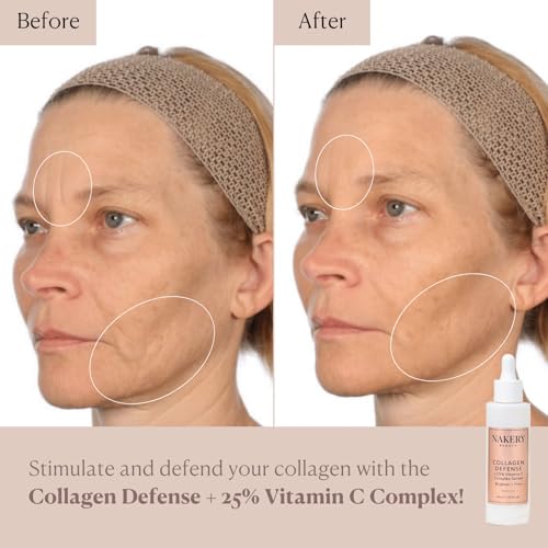 Nakery Collagen Defense Face Serum, 25% Vitamin C Complex with Niacinamide and Peptides, Anti Aging Collagen Booster for Wrinkles and Dark Spots, Brightening Skin Treatment, Made in USA