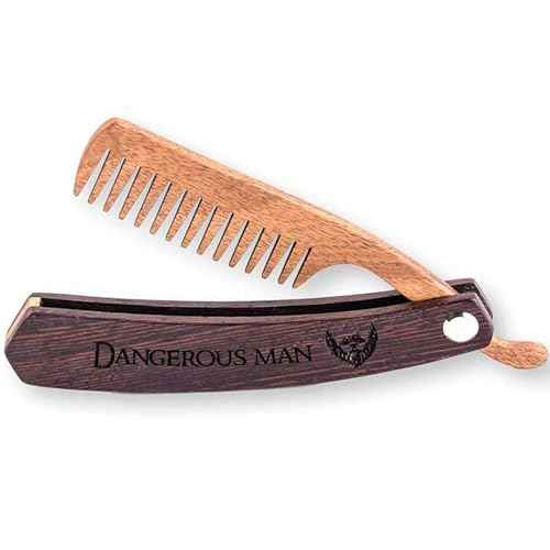 Beard Comb Gifts for Him Wooden Comb for Men Folding Pocket for Moustache Hair Walnut Combs Husband with the Engraving (Dangerous Man)