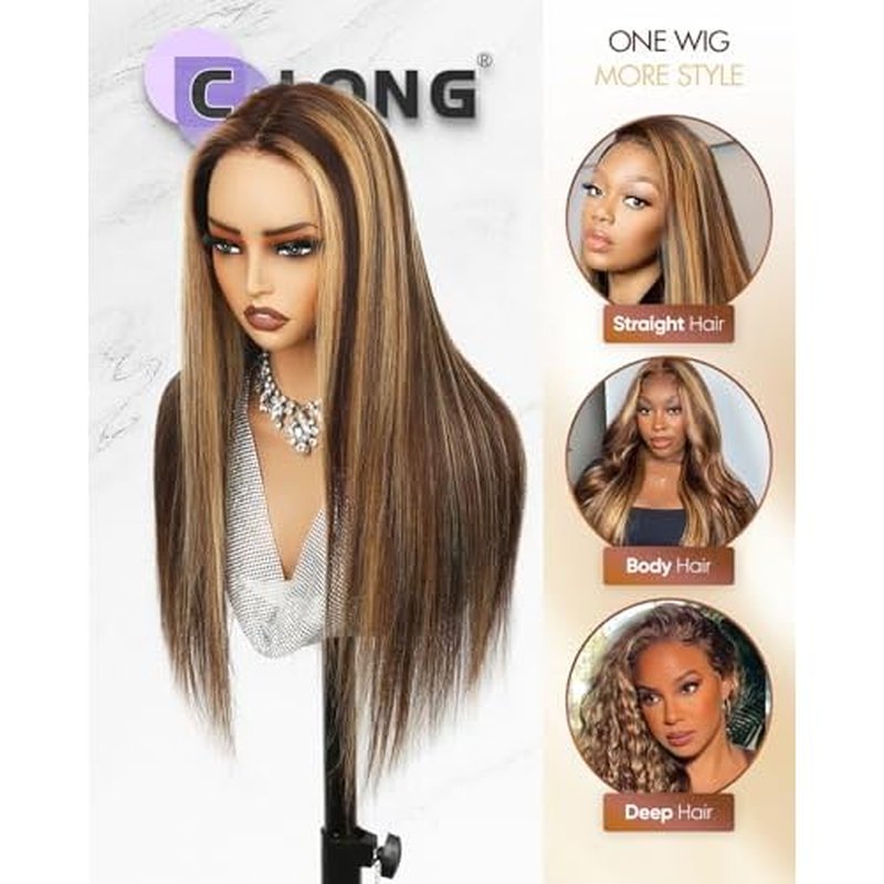 CLong Highlight Ombre Lace Front Wig Human Hair, 13x4 Straight 4/27 Honey Blonde HD Lace Front Wig Pre Plucked 200% Density Colored Lace Front Wigs for Black Women 22Inch