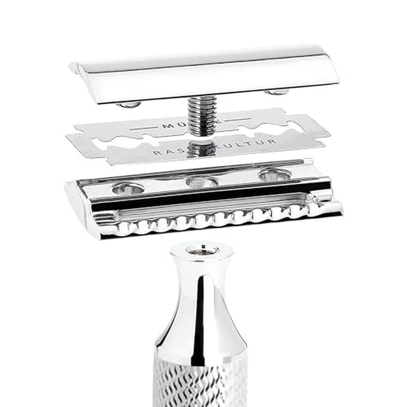 M?HLE EDITION Chrome 2-Piece Shaving Set - Classic Closed Comb R89 Safety Razor & Razor Stand ? Safety Razor Kit for Men, Shaving Razor, Straight Razor Shaving Kit for Men
