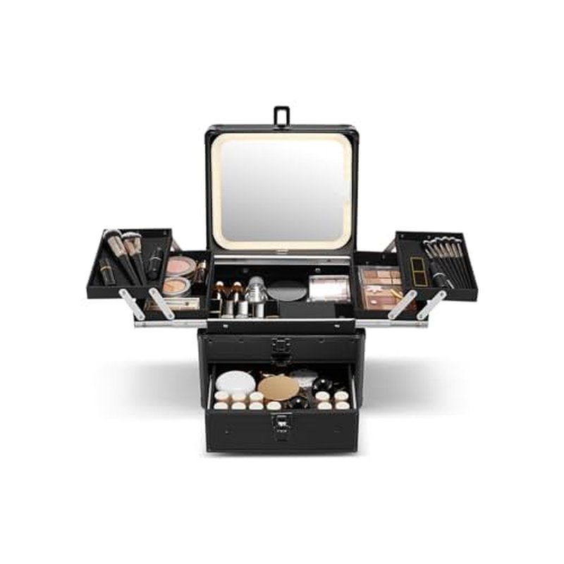 Qislee Makeup Box with Drawer and Four Trays, A Detachable Lighted Mirror, Waterproof Travel Train Case, Cosmetic Organizer and Makeup Suitcase with Magnetic LED Mirror(Black)