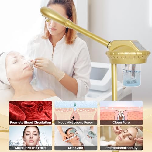 Facial Steamer Professional with More Steam for Deep Cleansing and Hydration, Estheticians Steamer on Wheels with Time Setting, Face Steamer Adjustable Height for Beauty, Spa and Home Use£¨Golden£©