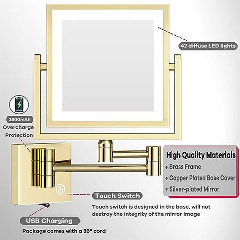 LED Lighted Makeup Mirror Wall Mounted Square, 1/3X Bathroom Magnifying Mirror Wall Mounted with Light, Touch Dimming, Rechargeable, PVD Zirconium Gold