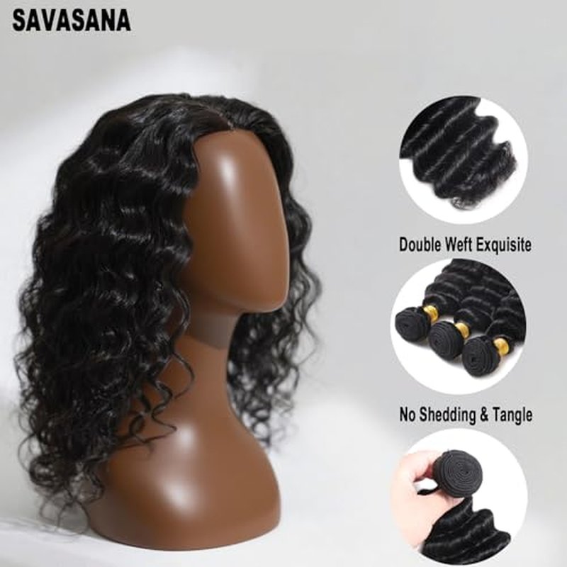 Savasana 12A Human Hair Bundles 16 18 20 Inch 3 Deep Wave Bundles, 100% Unprocessed Brazilian Virgin Human Hair Raw Hair Quick Weave Installation Real Human Hair for Women Natural Black