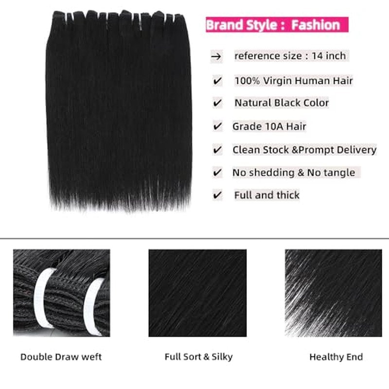 10A Brazilian Virgin Human Hair Extensions - 14-16 Inch Short Straight Hair Bundles - 5 Bundles With Closure - 100% Unprocessed Natural Color - 50g/Pcs