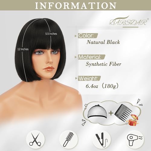 BARSDAR Short Black Bob Wig With Bangs - Short Black Bob Wig With Bangs for Women - 12 Inch Chin-Length Natural Looking Soft Synthetic Hair Replacement Daily Halloween Velma Kelly Mia Wallace Wigs