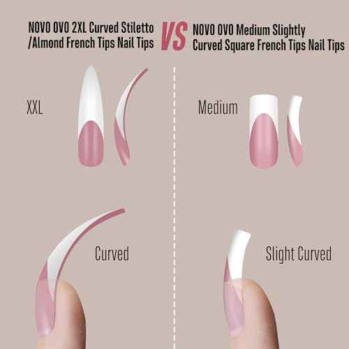 NOVO OVO Halloween XXL Curved Stiletto Almond French Tip Nail Tips Press on, BERRY PINK Full Cover Extra Thick Long XL Acrylic Hawk Curve Fake Extension Kit, Need Builder Gel, for DIY 12 Sizes 144 pcs