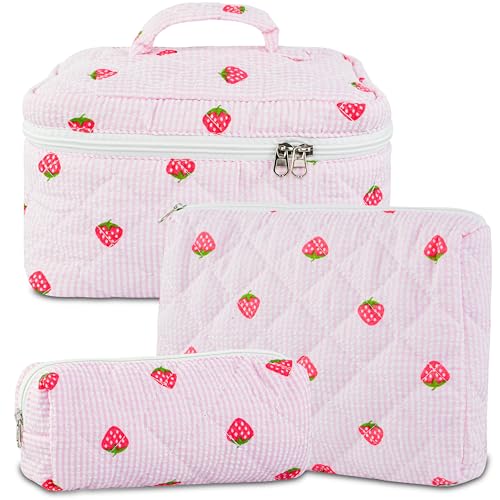 3PCS Makeup Bag Set, Quilted Cosmetic Bag, Large Travel Aesthetic Make up Bag, Cute Coquette Toiletry Bag for Women Girls