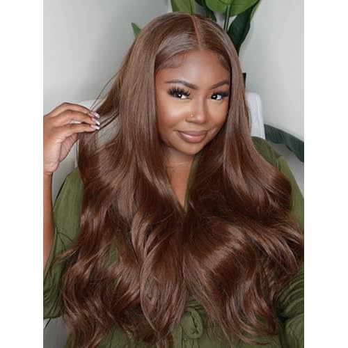 GORGIUS Chestnut Brown Loose Wavy Lace Front Wig Glueless Pre Plucked Middle Part Long Synthetic Wig For Women 28 Inch