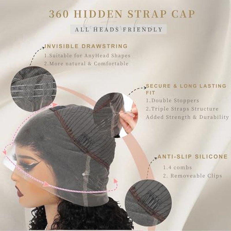 Hidden Strap 360 Deep Wave Lace Front Wigs Human Hair Curly Bob Wig with Drawstring For Black Women Human Hair 360 Glueless Bob Wig Full Lace Human Hair Wigs Pre Plucked Bleached Knots (16 Inch)