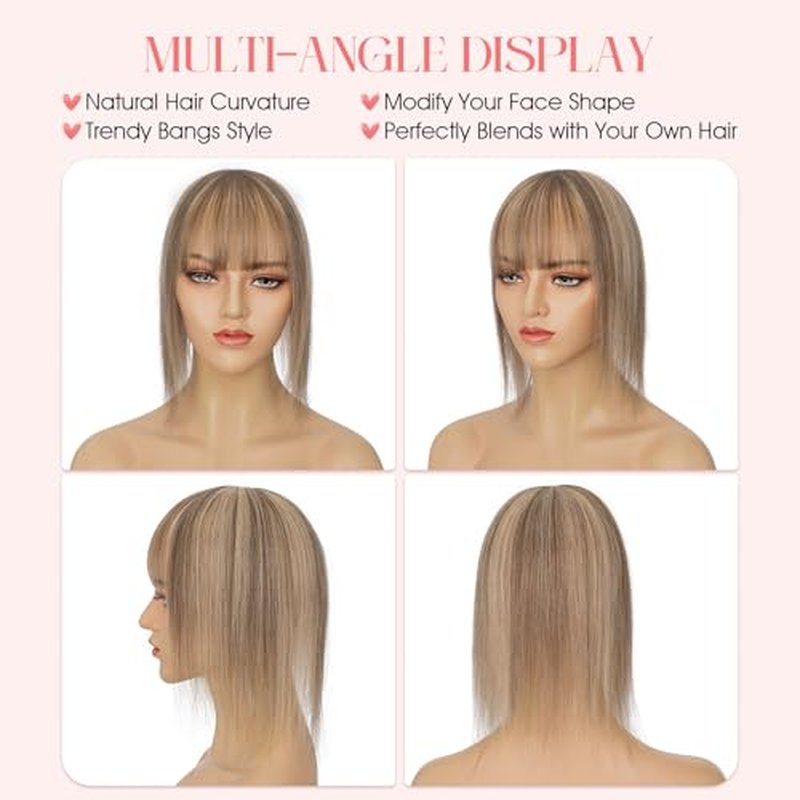 Hairro Mono Hair Toppers with Bangs, 3.4" x 3.4" Mono Base 100% Real Human Hairpieces for Women, 150% Density Clips In Topper for Greyish Thinning Hair, 16 Inch Medium Brown Mix Dark Blonde