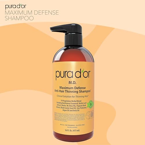 PURA D'OR 16 Oz MD Anti-Hair Thinning Maximum Defense Shampoo - 0.5% Coal Tar, Biotin, Proprietary Herbal Blend For Dry & Itchy Scalp, No Sulfates - For Men & Women