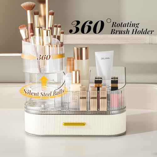 Delamu Makeup Organizer for Vanity with Stackable Drawers, 360 Rotating Makeup Brush Holder Large Cosmetic Display Case for Dresser, Bathroom Countertop Skincare Organizers and Storage, Elegant White