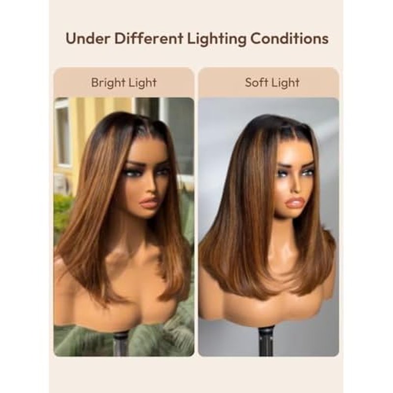 Beauty Forever Bob Wig Human Hair Brown With Blonde Piano Highlights Blunt Straight Wig Glueless 7x5 HD Lace Front Pre Cut Plucked Bye Bye Knots Ready to Go Short Wig 150% Density 12 Inches