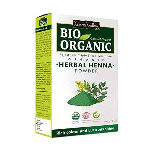 INDUS VALLEY Bio Organic Herbal Henna Powder (100g), 100% Pure Henna Hair Colour, 100% Natural Hair Dye Chemical-Free, Nourishing, Conditions & Strengthens Hair, Adds Shine