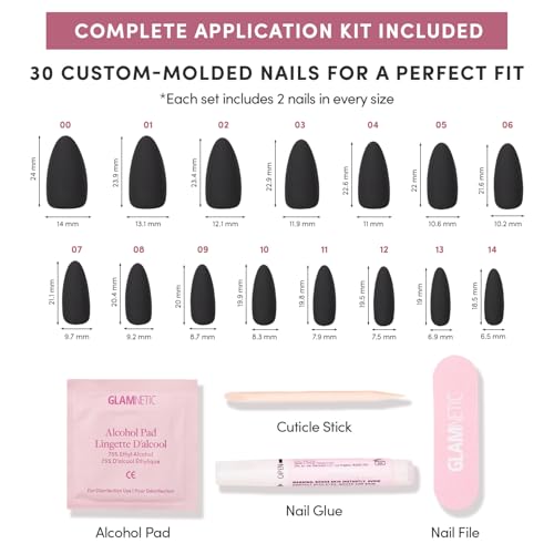 Glamnetic Press On Nails - Red Bottom | Red Accent Dual Side Medium Almond Fake Nails with a Black Matte Finish, Salon Quality Halloween Nails | 15 Sizes - 30 Nail Kit with Glue