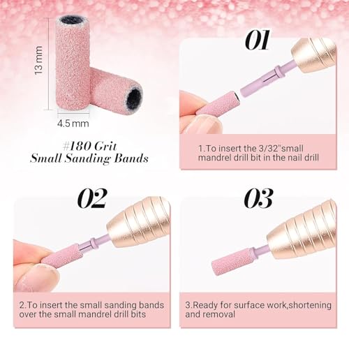 MelodySusie 120 Pcs Nail Drill Bits Small Sanding Bands for 3.1mm Mandrel Bit, 180 Fine Grit Nail File for Acrylic Nails Gel Manicures and Pedicure, Pink (Only Sanding Bands)