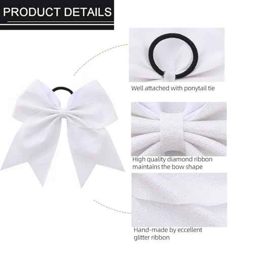 16 PCS Large Glitter White Cheer Hair Bows, Shiny Cheerleading Bows Ponytail Holder for Cheerleader Girls Softball Sports and Christmas Tree Decor (Glitter White)