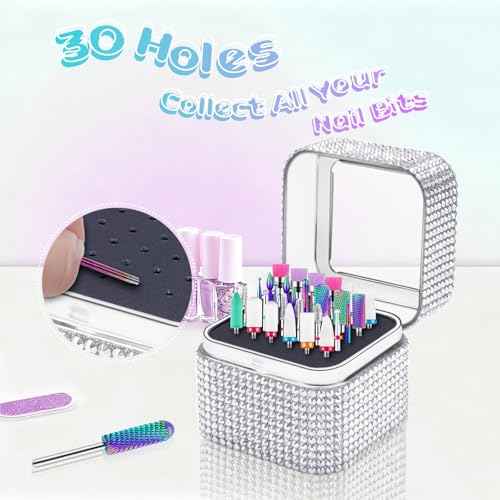 Nail Drill Bit Holder, Dustproof Rhinestones Drill Bit Organizer Case 30 Holes Efile Nail Tech Bits Storage Container Box Manicure Tools E file Accessories Collector for Salon, Travel, Home(Only Box)