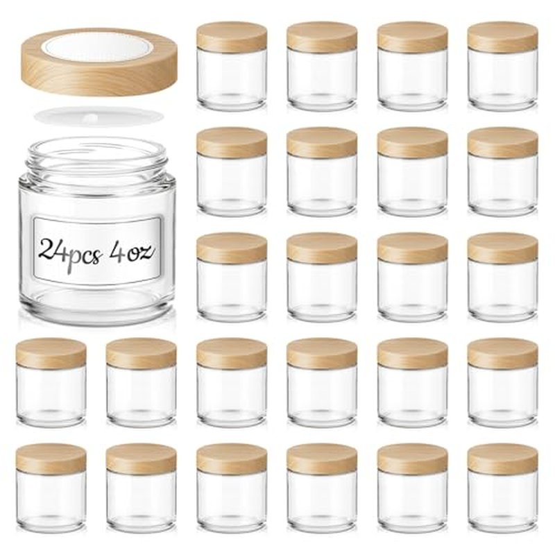 4 oz Glass Jars with Lids, 24 Pack Clear Small Glass Jars with Woodgrain Lids Leakproof Round Airtight Empty Cosmetic Travel Containers with Inner Liners For Lotions Powders and Candle Making