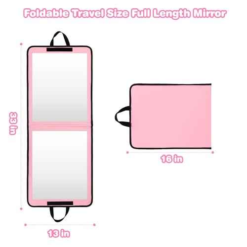 LPHUMEX Portable Pink Mirror Full Length for Dance, 33x13 Inch Hanging Mirror for Dance Bag, Lightweight Folding Travel Mirror Dance Competition Must Haves