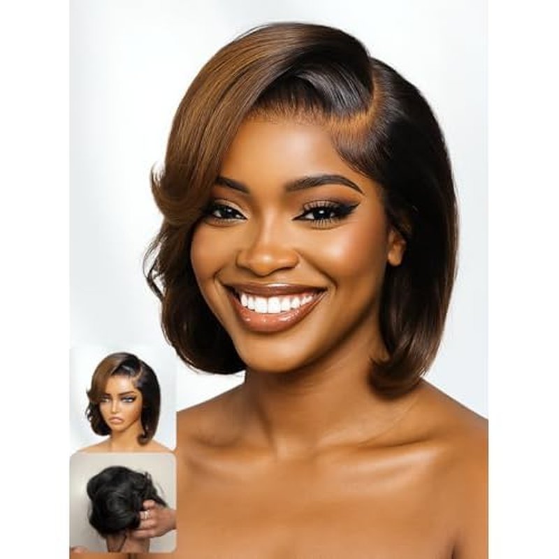 Nadula Glueless Bye Bye Knots Short Bob Drawstring Wig human Hair with Blow Out Bangs, Black to Chestnut Brown Ombre Pre Cut 7X5 HD Lace Front Wigs Pre Plucked Bleached Knots Ready to Wear 12inch