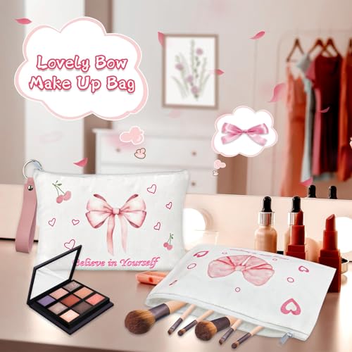 PUNICA 8 Pcs Pink Coquette Bow Makeup Bag Preppy Cosmetic Bags Canvas Zipper Pouch with Handle, Travel Bag Gift for Nurse Women Girls Coquette Party Favors Storage Accessories