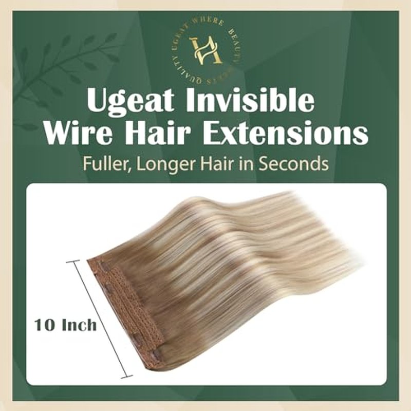 Ugeat Wire Hair Extensions Brown Balayage Hair Extensions Real Human Hair Light Brown Balayage Platinum Blonde Balayage Invisible Wire Extensions with Fish Line 80g 18 Inch