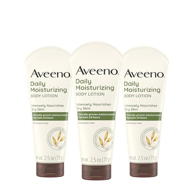 Aveeno Daily Moisturizing Body Lotion, Gentle Lotion Nourishes Dry Skin with Moisture, Sooth-ing Prebiotic Oat, Fragrance-Free, Non-Comedogenic, Travel-Size, 2.5 fl. oz, 3 Pack