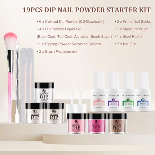 Dip Powder Nail Kit Starter, 6 Colors All Seasons Nude Pink Glitter Dipping Powder Set Nail Art Kit with French Dip Container for Women Manicure Design 19Pcs