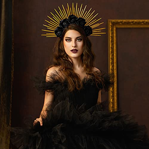 Fantherin Halo Crown with Roses Womens Mexican Flower Goddess Rose Spiked Sun Headpiece for Cosplay Halloween Costume