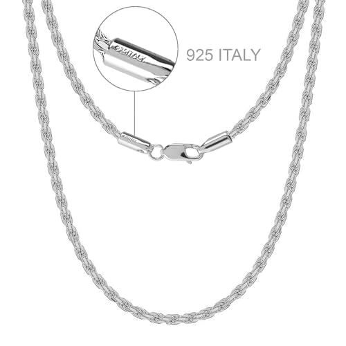 LeCalla Solid 925 Sterling Silver, 18K Gold Plated & Rhodium Plated 3 MM Diamond-Cut Braided Rope Chain Necklace for Men Women (18, 20, 22, 24, 26 Inches), Made in Italy