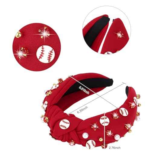 YARIEW Baseball Top Knot Headband for Women & Girls - Wide Knotted Jeweled Accessory for Game Day, Sports Fan, Mom, Halloween & Christmas Gifts (Red)