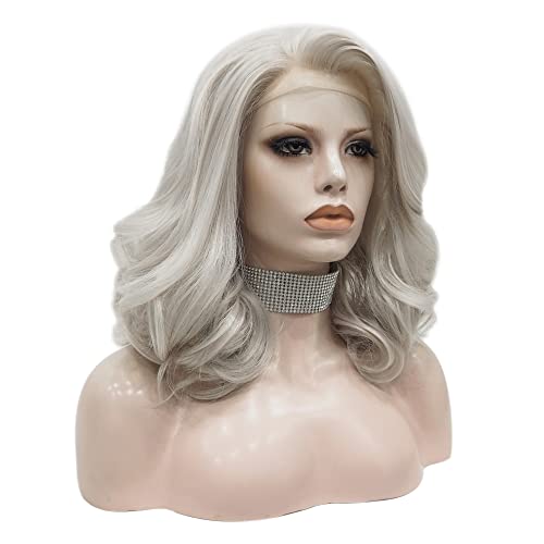 IMSTYLE Silver Grey Lace Front Wigs Short Bob Wavy Gray Wig for Women Drag Queen Cosplay Party (Silver Grey)