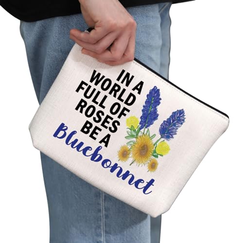 G2TUP Bluebonnet Lover Gift In A World Full Of Roses Be A Bluebonnet Makeup Bag Bluebonnet Fan Cosmetic Bag Bluebonnet Texas Pride Merch (Be A Bluebonnet MB)