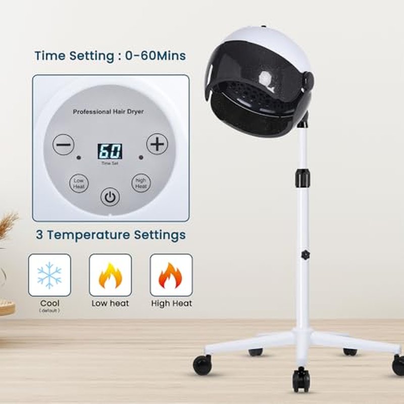 Hooded Hair Dryer, Professional Hood Dryer on Wheels, Sit Under Dryer, Standing Hair Dryer, White