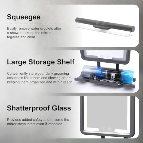 Rocollos Heated Fogless Shower Mirror, 360 Rotation, 3 Color Lighted, Rechargeable, Anti-Fog, Black, 13"L x 9"W