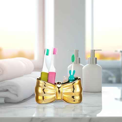 Chunful Gold Bow Toothbrush Holder Cute Ceramic Bow Shaped Toothbrush Makeup Brush Holder Organizer Comb Pen Pencil Storage Box Container Bathroom Vanity Countertop Accessories, for Bathroom Home