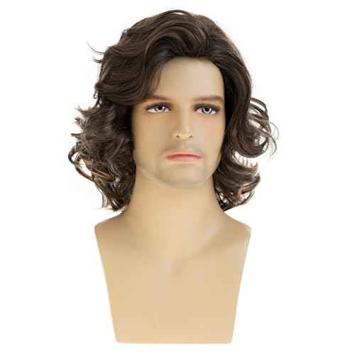 Mens Wig Brown Short Wavy Fluffy Cosplay Hair Wigs for Party Halloween Use