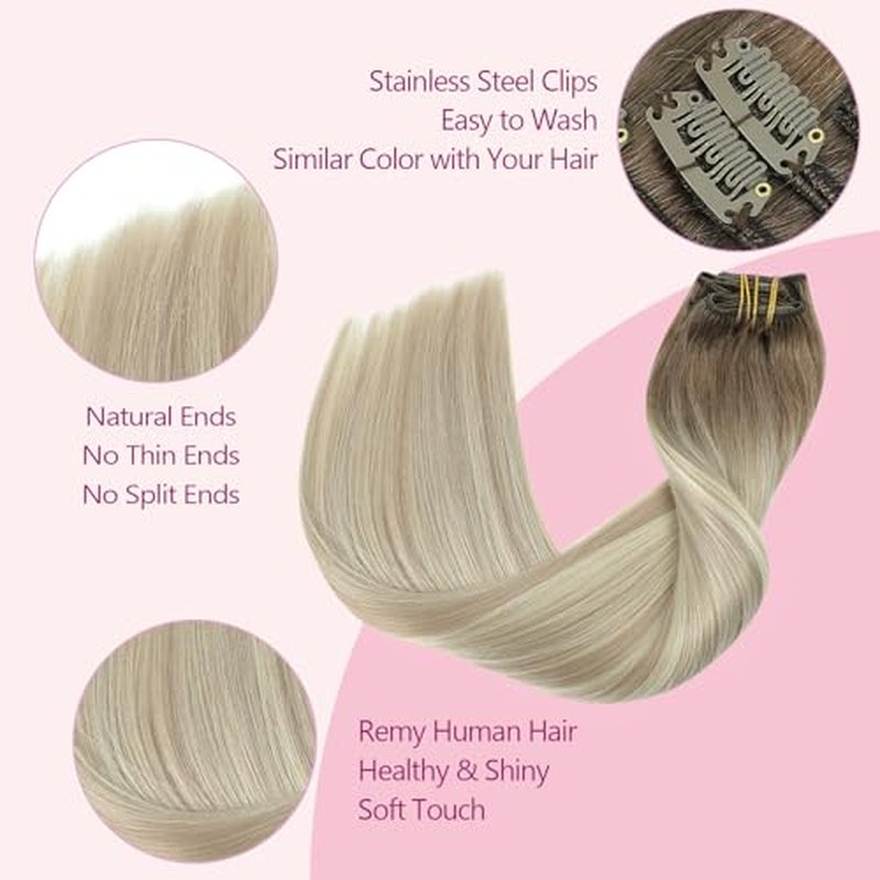 PINKPEARL Clip in Hair Extensions Real Human Hair, 16 Inch 120g 7pcs Human Hair Extensions Clip In, #8/60/18 Balayage Ash Brown to Platinum Blonde and Ash Blonde(#8/60/18-16)