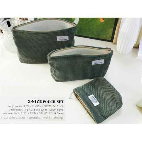 HAPPYHEIDI Corduroy Makeup Bag Set 3 Cosmetic Toiletry Travel Pouch Organizer for Purse Tote, Women Girls Gift, Large Medium Small, Solid Sage Green