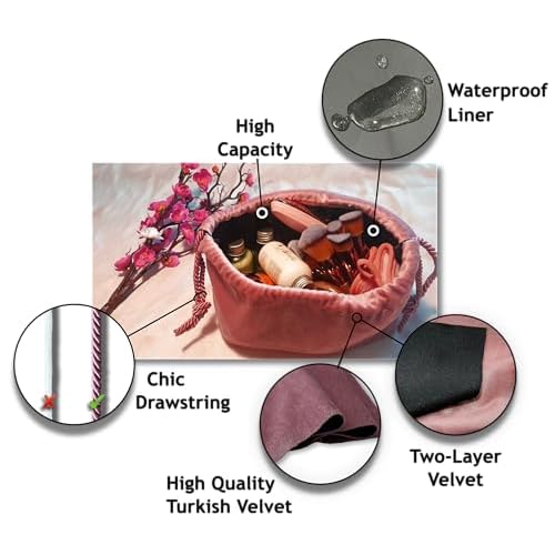 Drawstring Velvet Makeup Bag with Water-Resistant Interior: Cosmetic/Travel/Toiletry/Beauty Makeup Bag/Pouch/Sack with Chic drawstring, for Birthdays/Valentines/Christmas/Thanksgiving