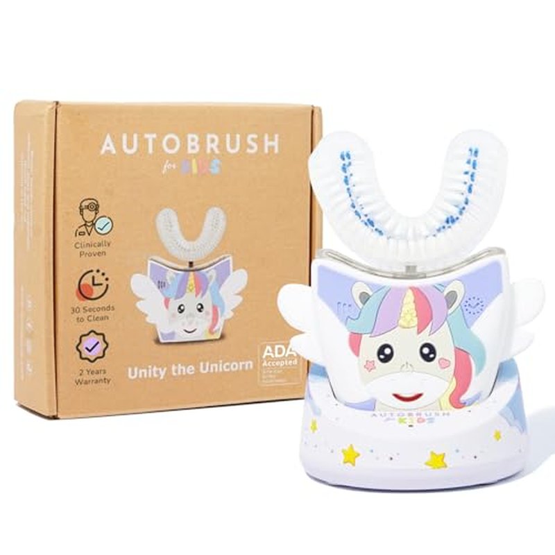autobrush Kids Electric Toothbrush ? Only ADA Accepted U-Shaped Toothbrush, Clinically Proven Up to 5.1X Better Cleaning, 30 Seconds, Full-Mouth 360 Coverage, LED Lights, Music, Ages 6-8, Unicorn