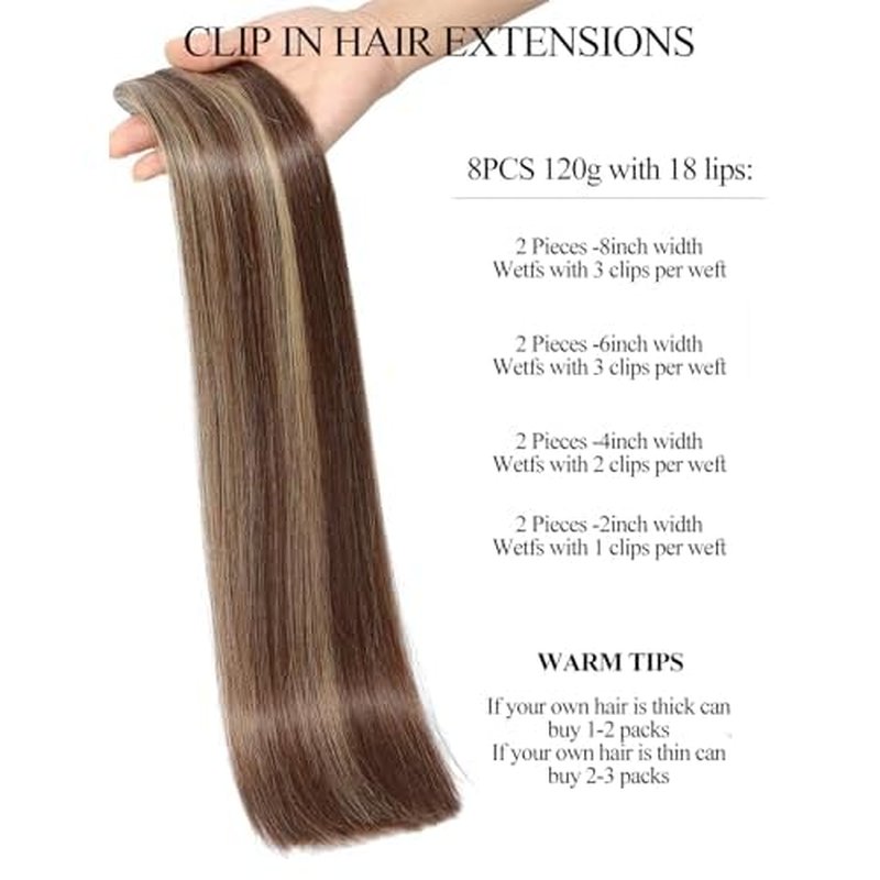 Seamless Clip in Hair Extensions Real Human Hair 8pcs/105g Straight Hair Extensions Clip ins for Women Brazilian 100% Full Virgin Human Hair(20 inch #4P/27)
