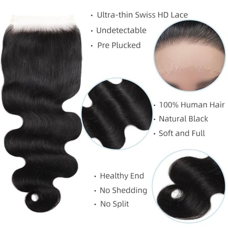 5x5 SKINLIKE 100% Real HD Lace Closure Body Wave Human Hair Closure 0.095mm Ultra-thin Invisible Swiss HD Lace Closure Pre Plucked Small Single Knots Brazilian Virgin Human Hair Closure 20inch